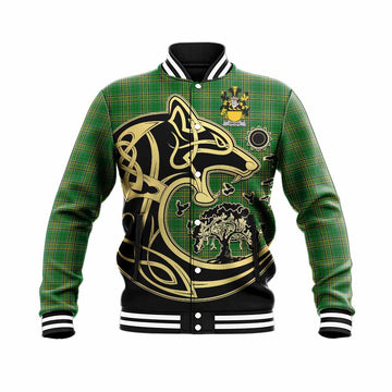 Owgan Irish Tartan Baseball Jacket with Coat of Arms Celtic Wolf Style