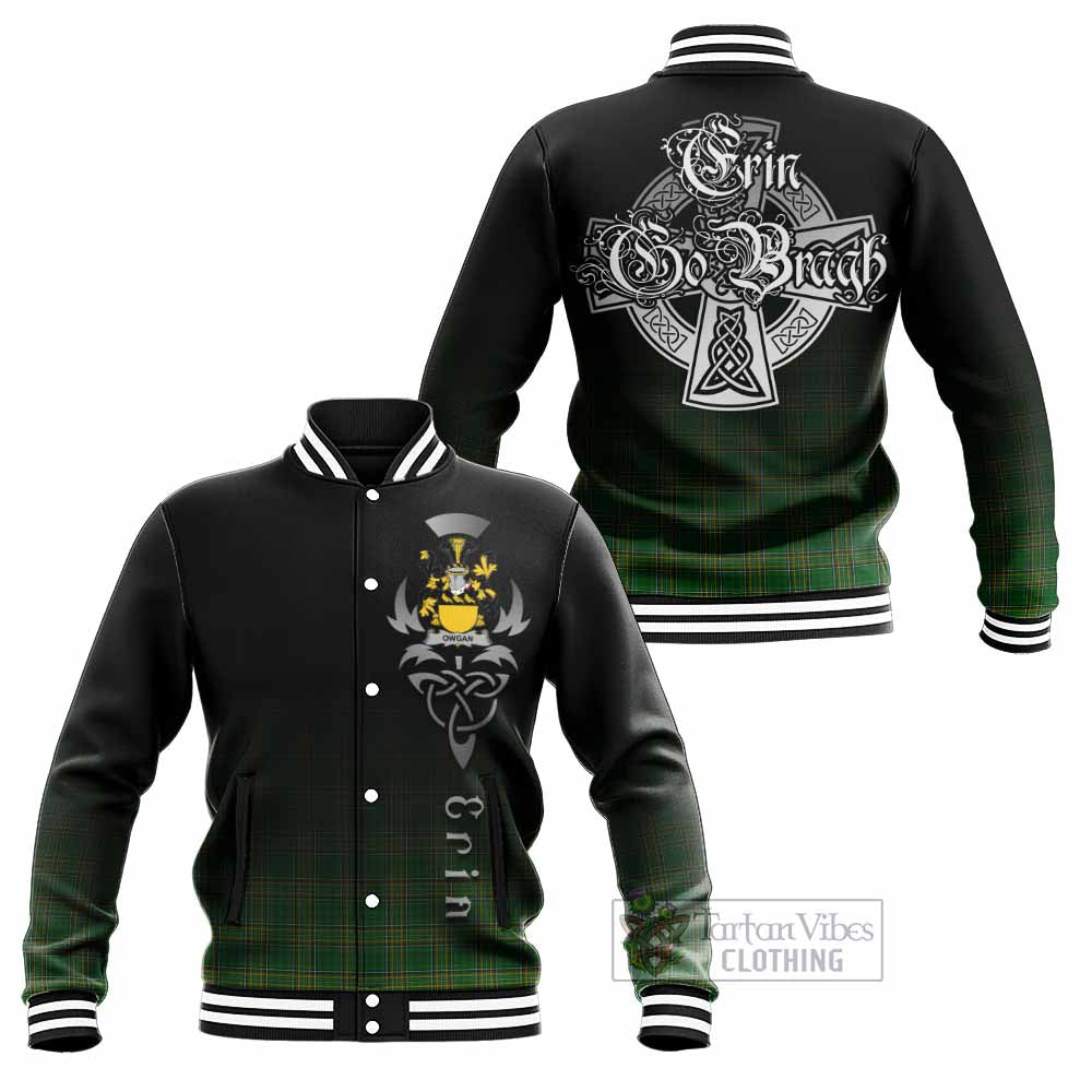 Tartan Vibes Clothing Owgan Irish Clan Baseball Jacket with Coat of Arms Erin Go Bragh Celtic Inspired