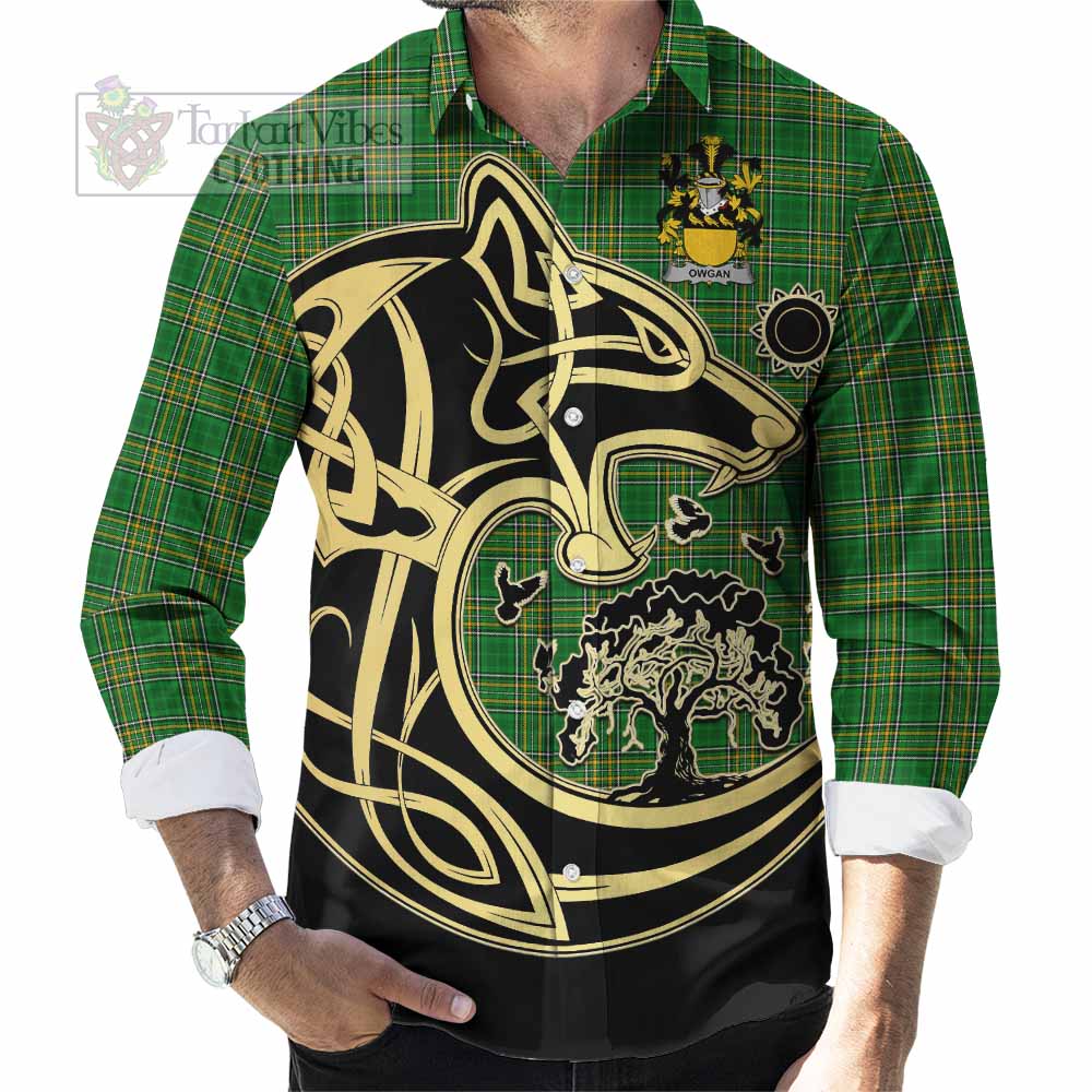 Tartan Vibes Clothing Owgan Irish Tartan Long Sleeve Button Shirt with Coat of Arms Celtic Wolf Style