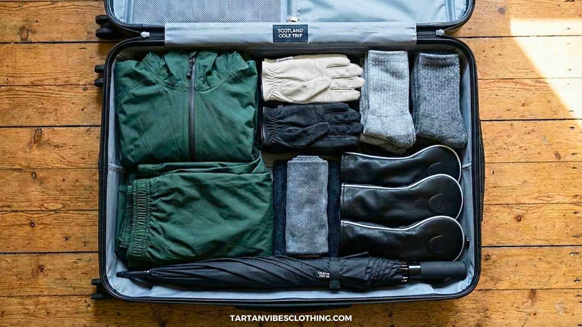 Packed waterproof golf clothing, gloves, socks, and shoes prepared for Scotland golf weather