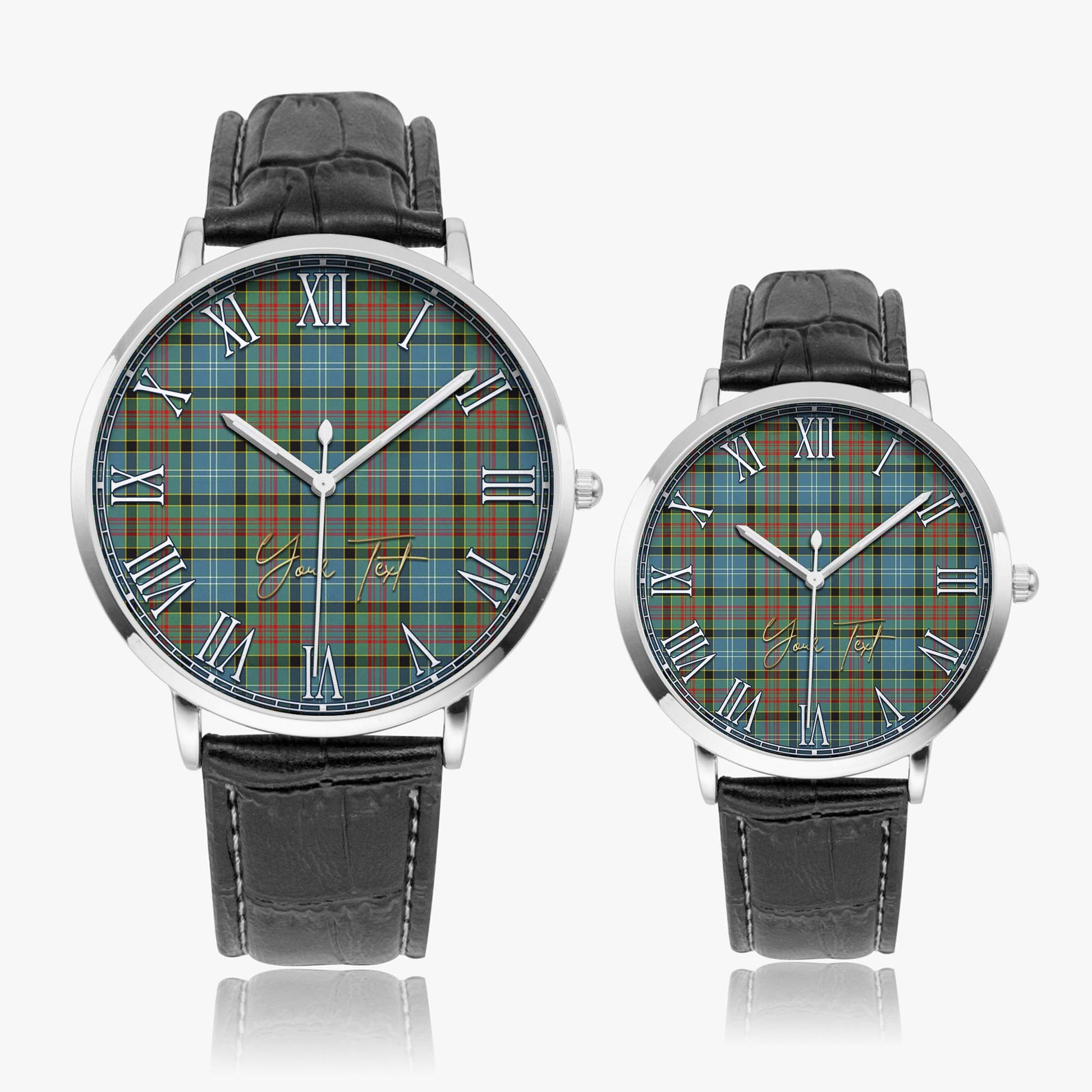 Paisley Tartan Personalized Your Text Leather Trap Quartz Watch Ultra Thin Silver Case With Black Leather Strap - Tartanvibesclothing