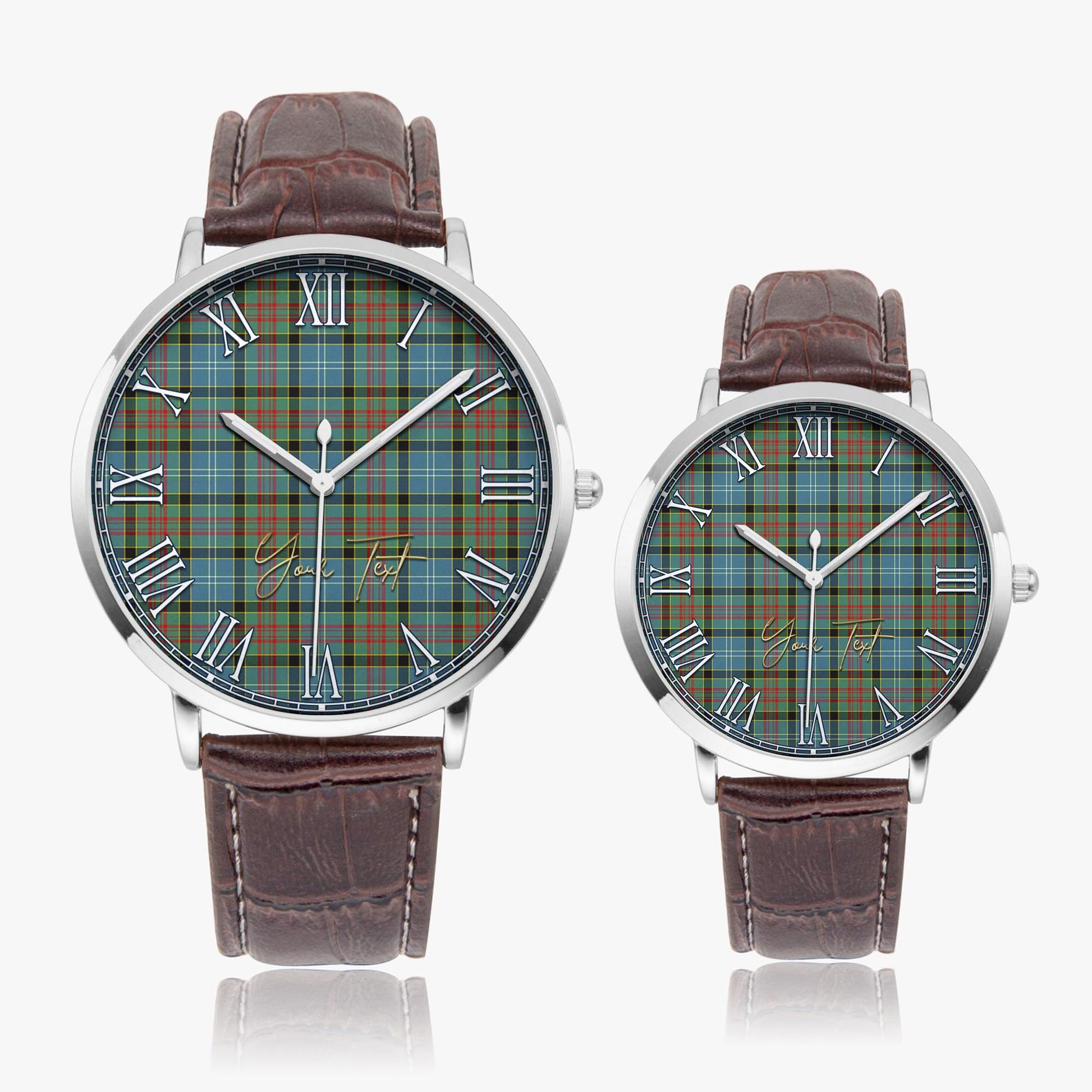 Paisley Tartan Personalized Your Text Leather Trap Quartz Watch Ultra Thin Silver Case With Brown Leather Strap - Tartanvibesclothing
