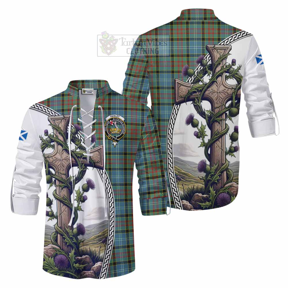 Tartan Vibes Clothing Paisley Tartan Ghillie Kilt Shirt with Family Crest and St. Andrew's Cross Accented by Thistle Vines