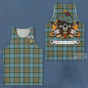 Tartan Vibes Clothing Paisley Tartan Men's Tank Top with Family Crest and Bearded Skull Holding Bottles of Whiskey