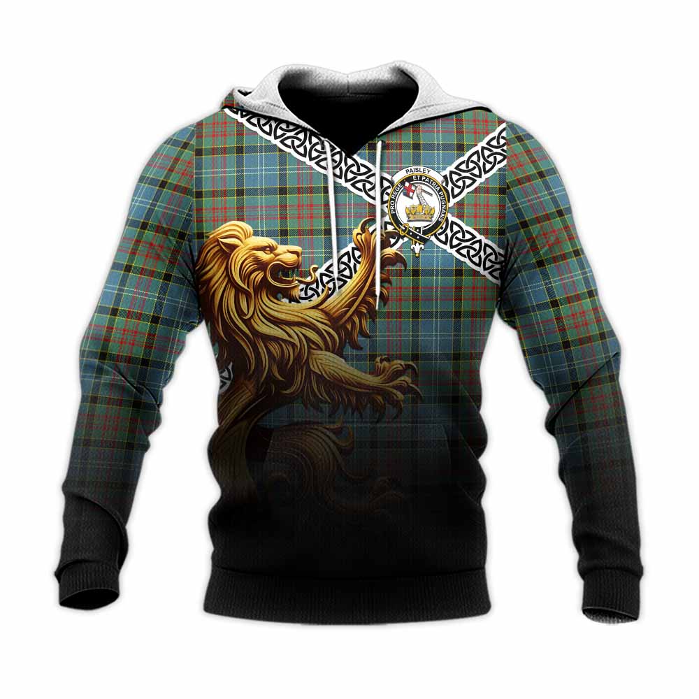 Tartan Vibes Clothing Paisley Crest Tartan Knitted Hoodie with Golden Lion Emblem Celtic Style