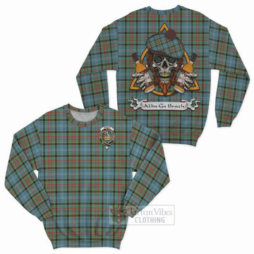 Paisley Tartan Sweatshirt with Family Crest and Bearded Skull Holding Bottles of Whiskey