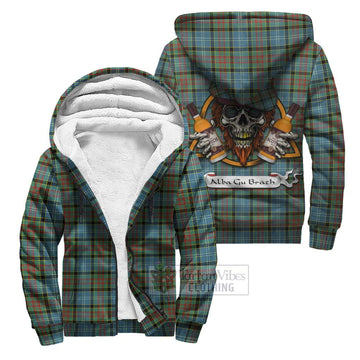 Paisley Tartan Sherpa Hoodie with Family Crest and Bearded Skull Holding Bottles of Whiskey