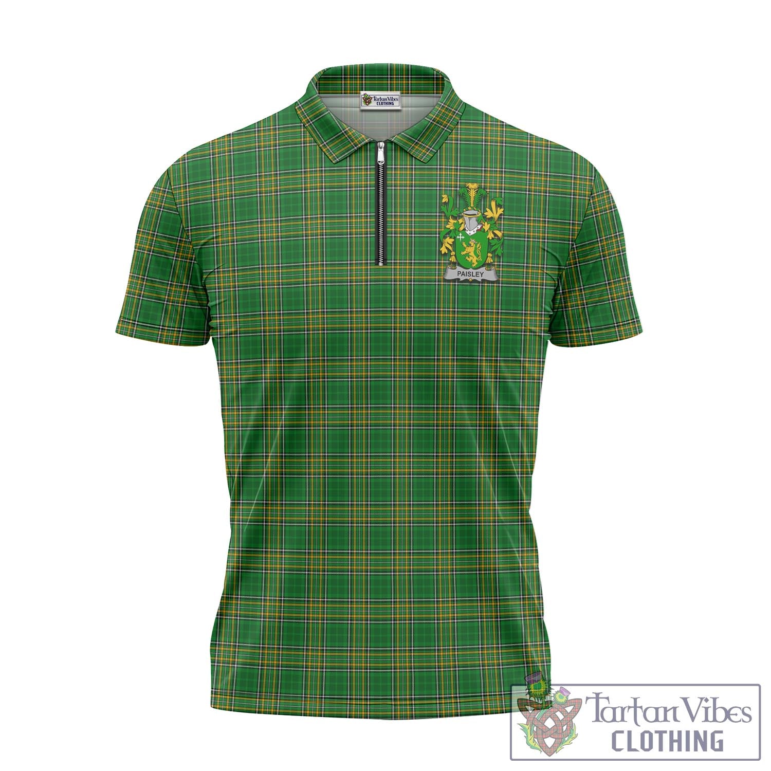 Tartan Vibes Clothing Paisley Ireland Clan Tartan Zipper Polo Shirt with Coat of Arms