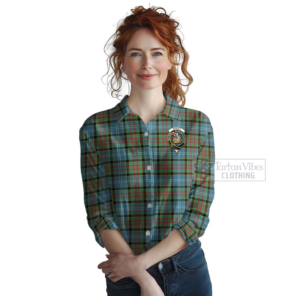 Tartan Vibes Clothing Paisley Tartan Women's Casual Shirt with Family Crest and Bearded Skull Holding Bottles of Whiskey