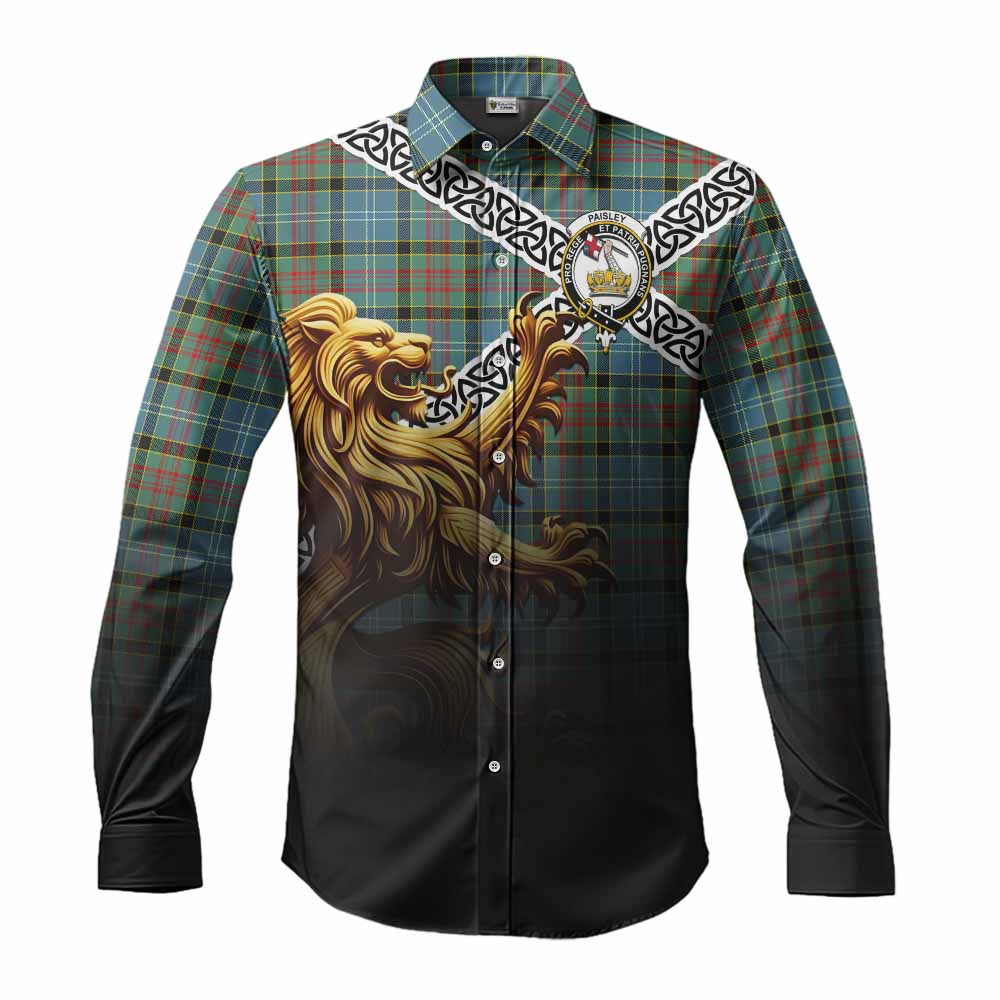 Tartan Vibes Clothing Paisley Crest Tartan Long Sleeve Button Shirt with Golden Lion Emblem Celtic Style