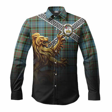 Paisley Crest Tartan Long Sleeve Button Shirt with Golden Lion Emblem Celtic Style