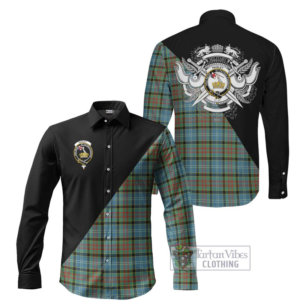 Paisley Tartan Long Sleeve Button Shirt with Family Crest and Military Logo Style Men's Shirt S - Tartanvibesclothing Shop