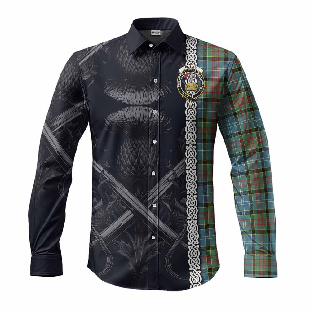 Tartan Vibes Clothing Paisley Tartan Long Sleeve Button Shirt with Family Crest Cross Sword Thistle Celtic Vibes