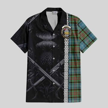 Tartan Vibes Clothing Paisley Tartan Short Sleeve Button Shirt with Family Crest Cross Sword Thistle Celtic Vibes