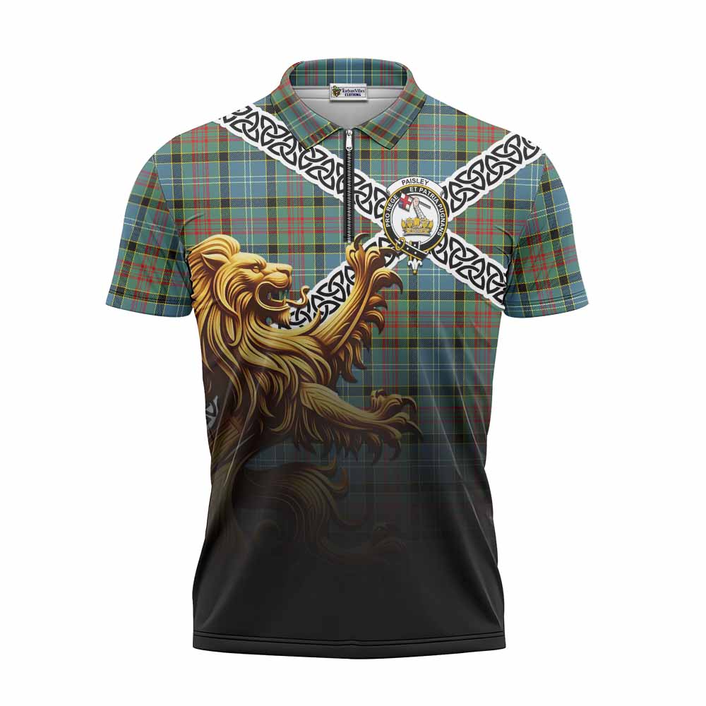 Tartan Vibes Clothing Paisley Crest Tartan Zipper Polo Shirt with Golden Lion Emblem Celtic Style