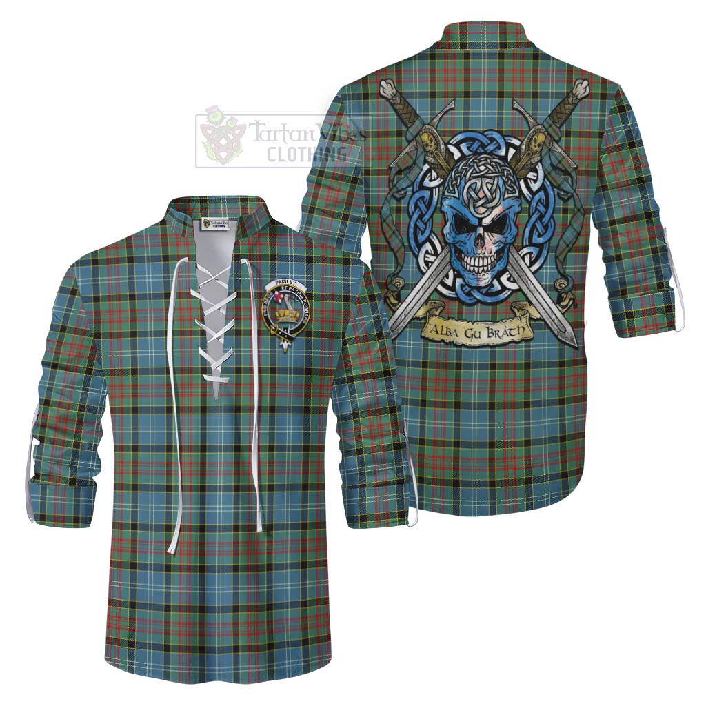 Tartan Vibes Clothing Paisley Tartan Ghillie Kilt Shirt with Family Crest Celtic Skull Style