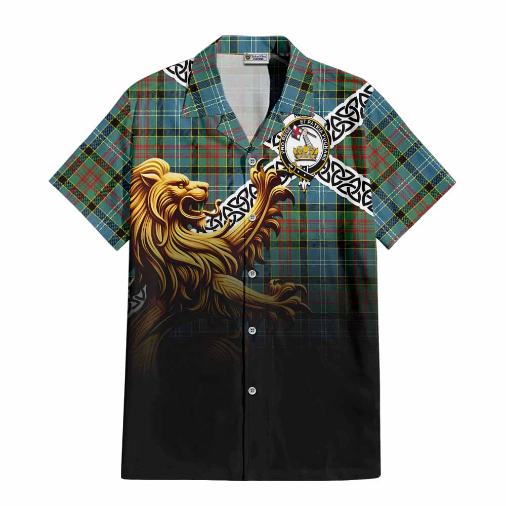 Tartan Vibes Clothing Paisley Crest Tartan Short Sleeve Button Shirt with Golden Lion Emblem Celtic Style