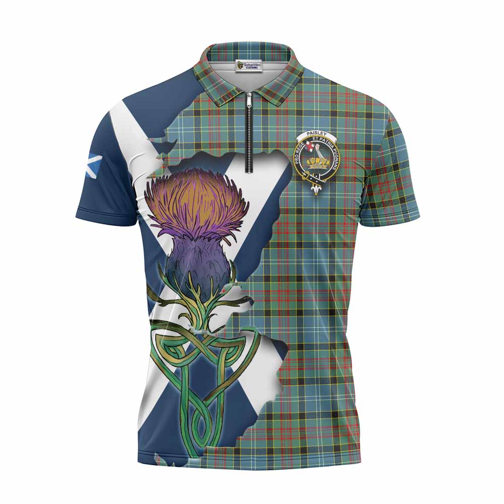 Tartan Vibes Clothing Paisley Tartan Family Crest Zipper Polo Shirt Scottish Thistle Celtic Inspired