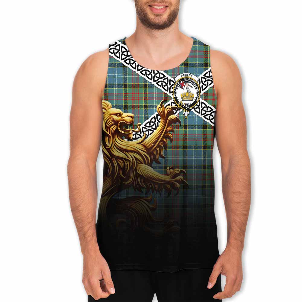 Tartan Vibes Clothing Paisley Crest Tartan Men's Tank Top with Golden Lion Emblem Celtic Style