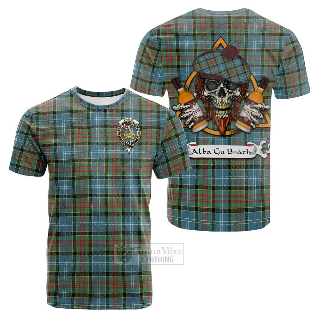 Tartan Vibes Clothing Paisley Tartan Cotton T-shirt with Family Crest and Bearded Skull Holding Bottles of Whiskey