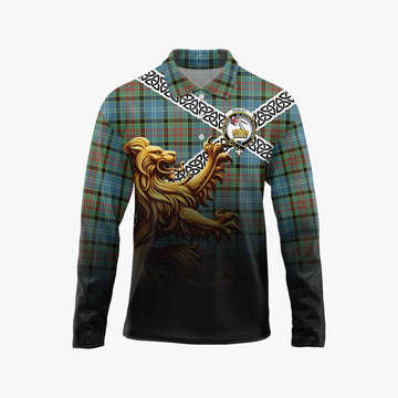 Paisley Crest Tartan Long Sleeve Polo Shirt with Golden Lion Emblem Celtic Style