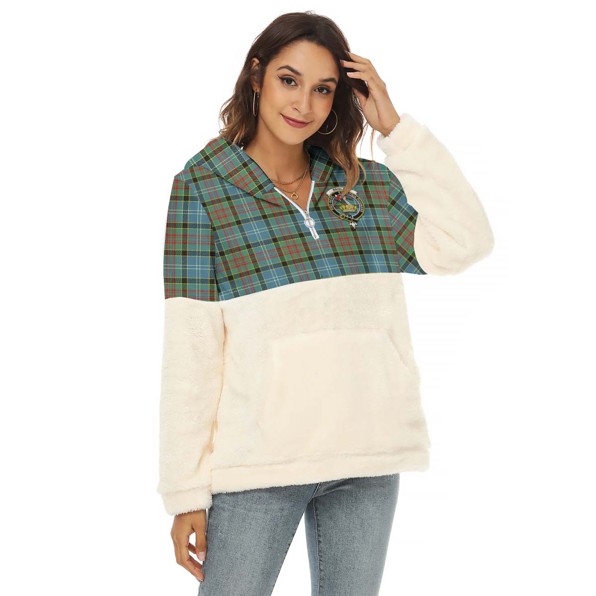paisley-tartan-womens-borg-fleece-hoodie-with-half-zip-with-family-crest