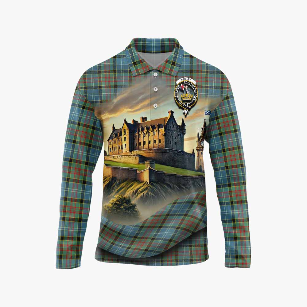 Tartan Vibes Clothing Paisley Tartan Family Crest Long Sleeve Polo Shirt with Scottish Ancient Castle Style