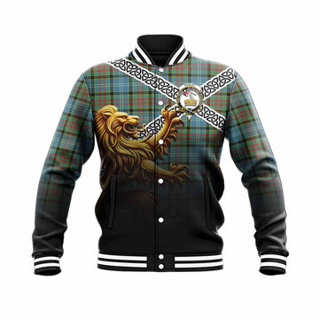 Paisley Crest Tartan Baseball Jacket with Golden Lion Emblem Celtic Style