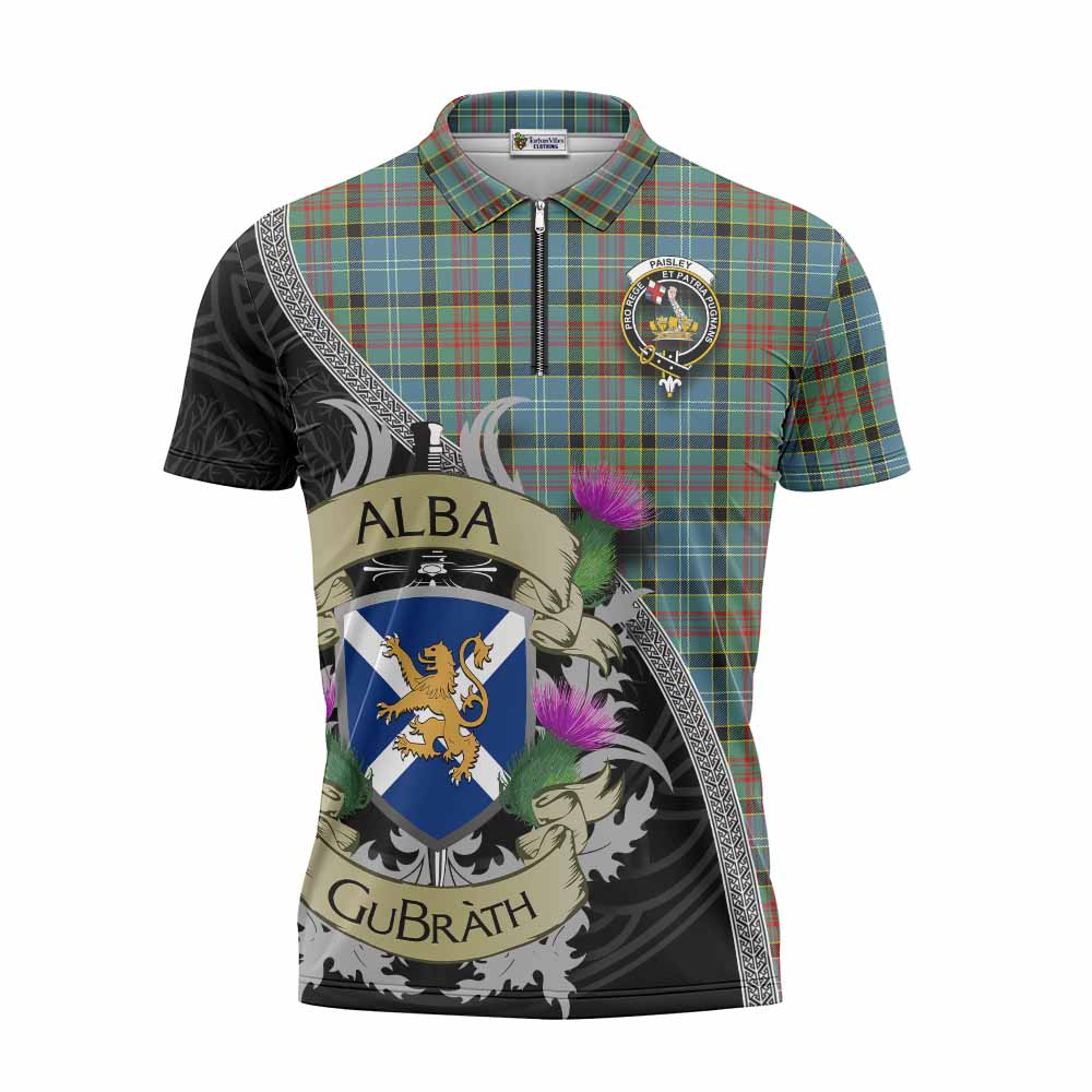 Tartan Vibes Clothing Paisley Tartan Family Crest Zipper Polo Shirt Lion Rampant Royal Thistle Shield Celtic Inspired