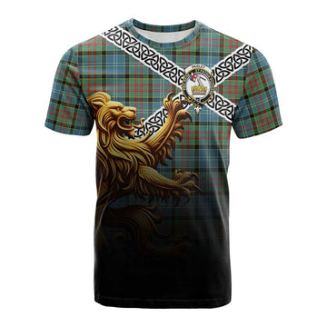 Paisley Crest Tartan Cotton T-shirt with Golden Lion Emblem Celtic Style