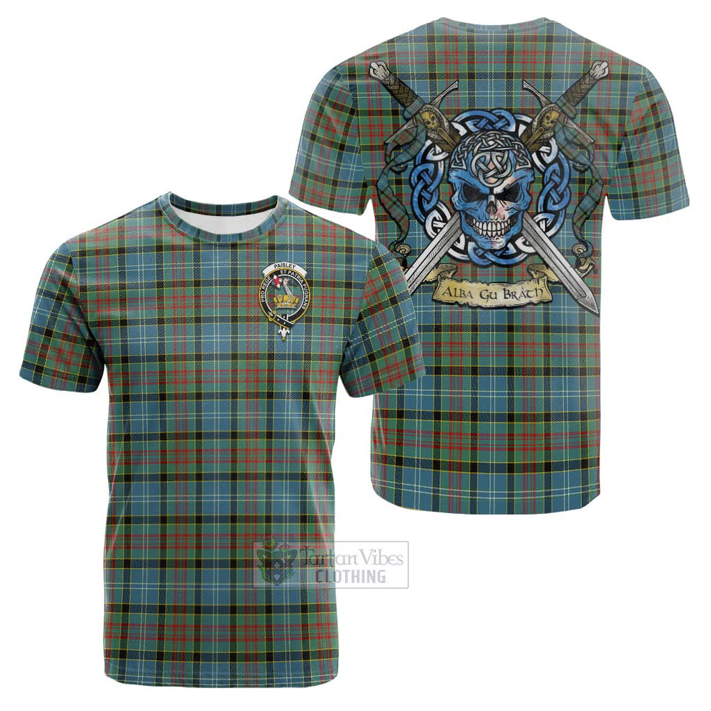 Tartan Vibes Clothing Paisley Tartan Cotton T-shirt with Family Crest Celtic Skull Style
