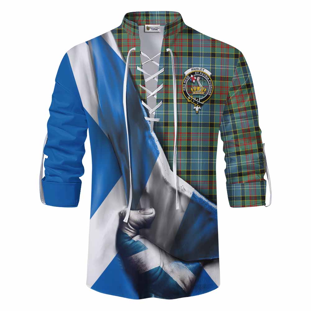 Tartan Vibes Clothing Paisley Tartan Ghillie Kilt Shirt with Family Crest Scotland Patriotic Style