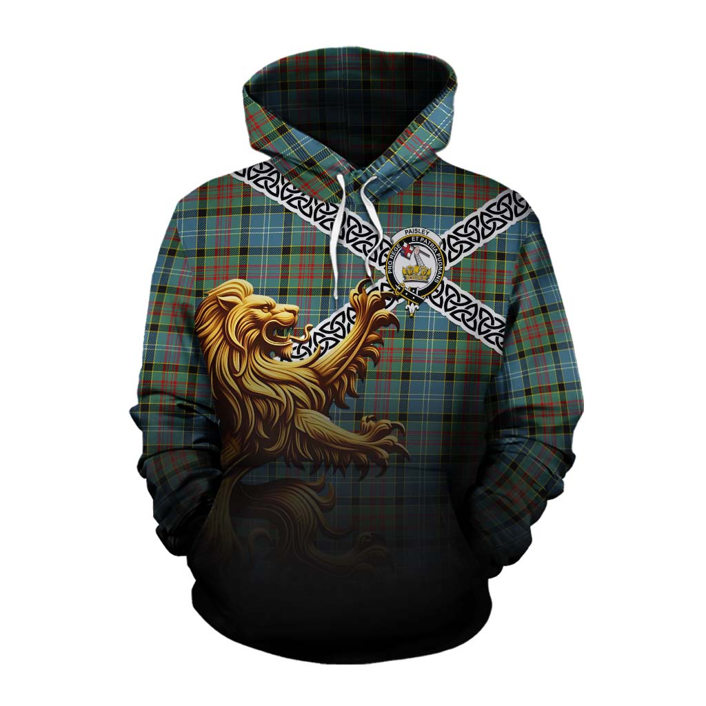 Tartan Vibes Clothing Paisley Crest Tartan Cotton Hoodie with Golden Lion Emblem Celtic Style