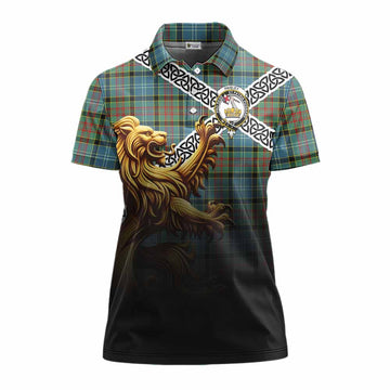 Paisley Crest Tartan Women's Polo Shirt with Golden Lion Emblem Celtic Style