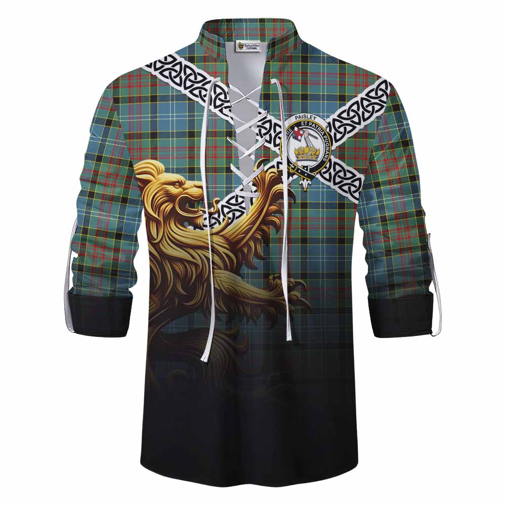 Tartan Vibes Clothing Paisley Crest Tartan Ghillie Kilt Shirt with Golden Lion Emblem Celtic Style