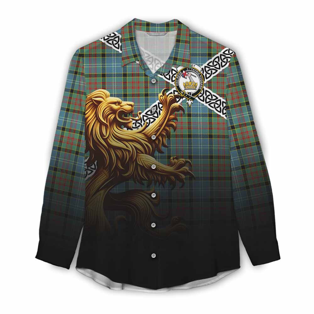 Tartan Vibes Clothing Paisley Crest Tartan Women's Casual Shirt with Golden Lion Emblem Celtic Style