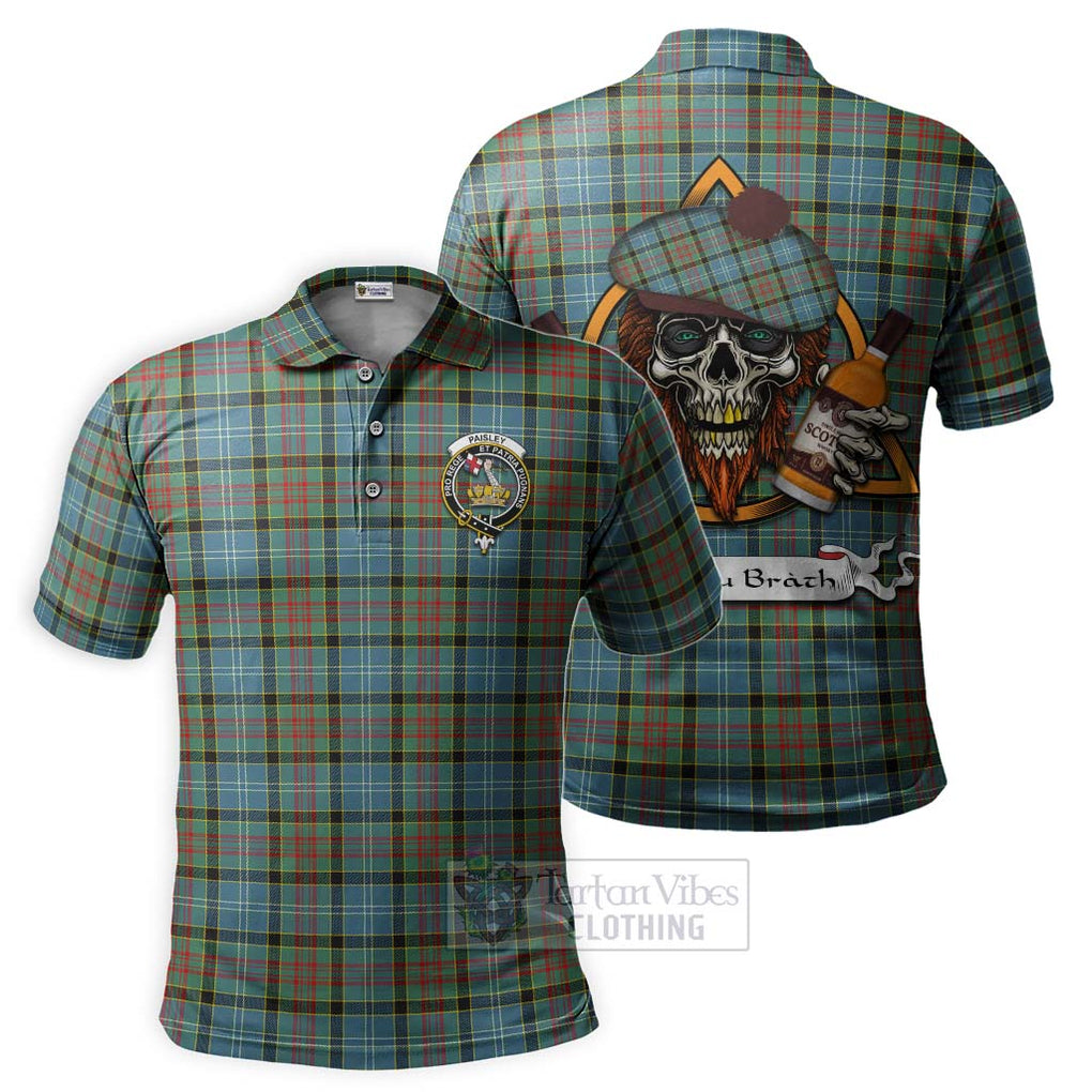 Tartan Vibes Clothing Paisley Tartan Polo Shirt with Family Crest and Bearded Skull Holding Bottles of Whiskey