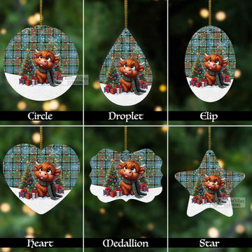 Paisley Tartan Christmas Aluminium Ornament with Adorable Highland Coo