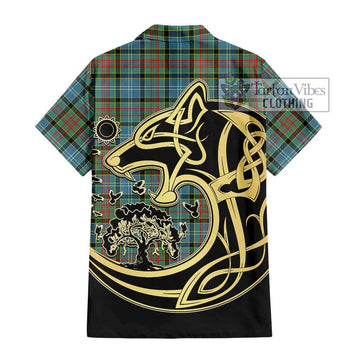 Paisley Tartan Short Sleeve Button Shirt with Family Crest Celtic Wolf Style - Tartan Vibes Clothing