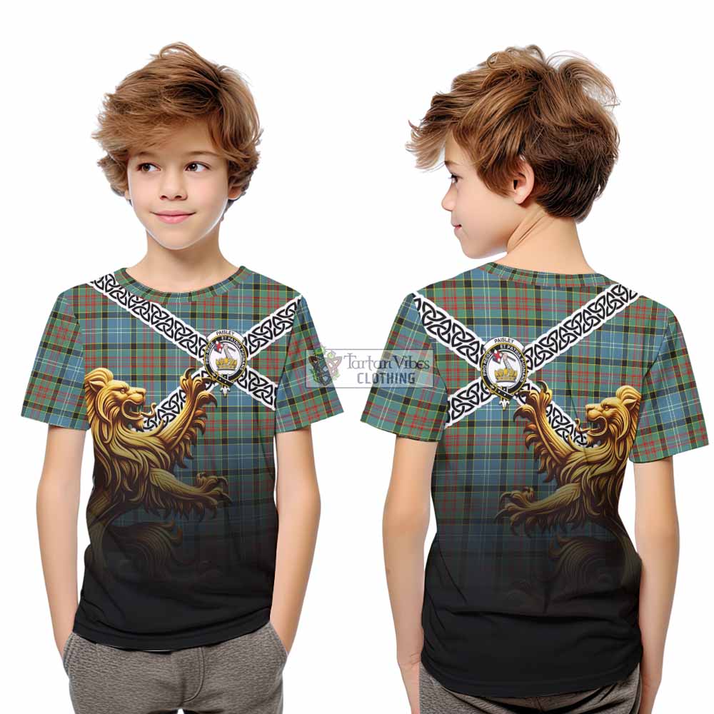 Tartan Vibes Clothing Paisley Crest Tartan Kid T-Shirt with Golden Lion Emblem Celtic Style