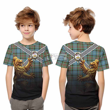 Paisley Crest Tartan Kid T-Shirt with Golden Lion Emblem Celtic Style