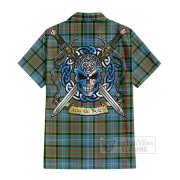 Tartan Vibes Clothing Paisley Tartan Short Sleeve Button Shirt with Family Crest Celtic Skull Style