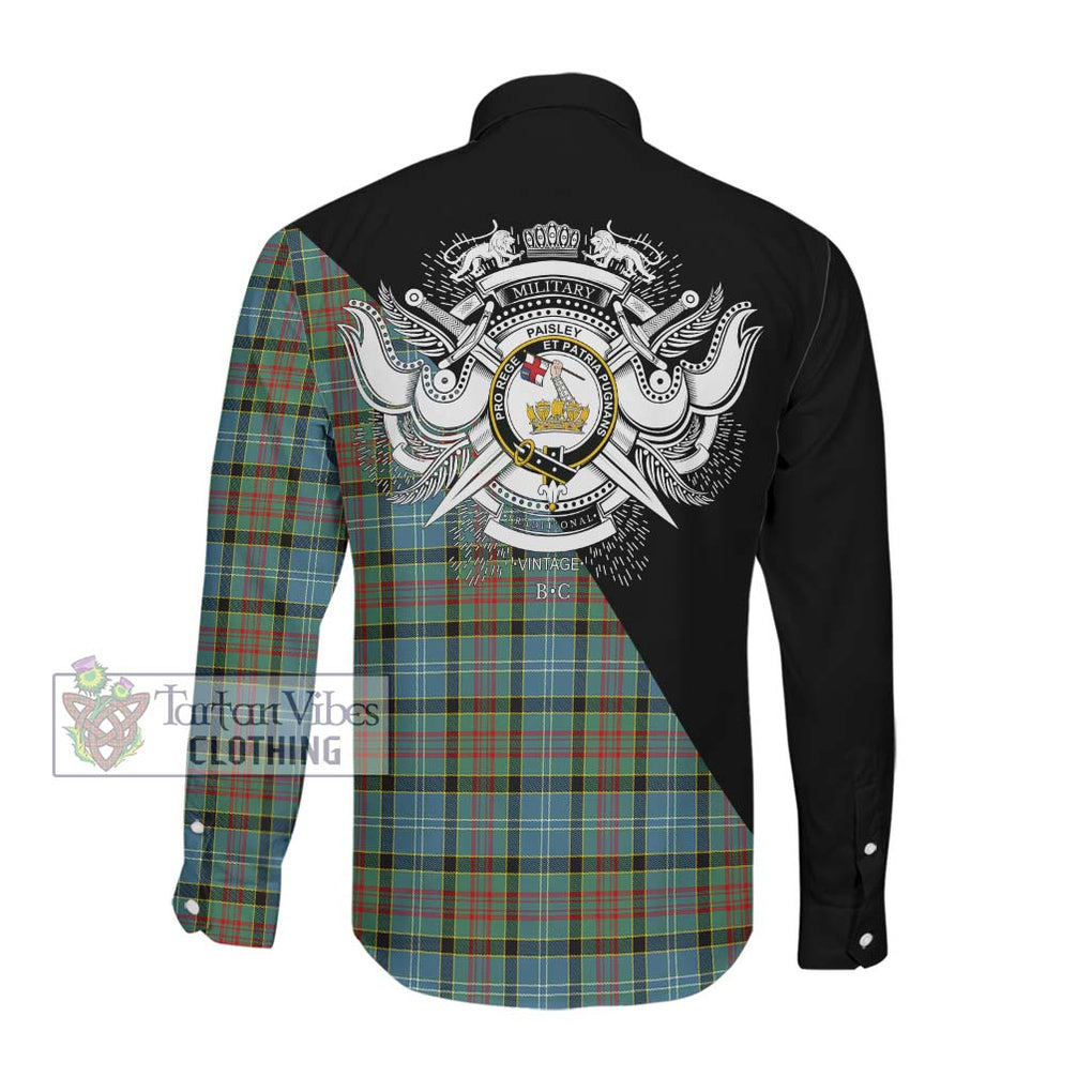 Paisley Tartan Long Sleeve Button Shirt with Family Crest and Military Logo Style Men's Shirt - Tartanvibesclothing Shop
