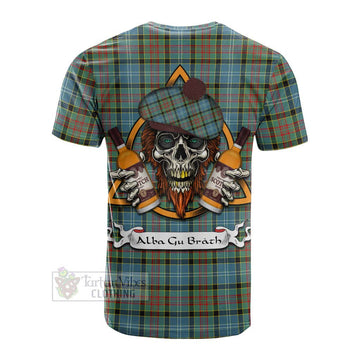 Tartan Vibes Clothing Paisley Tartan Cotton T-shirt with Family Crest and Bearded Skull Holding Bottles of Whiskey