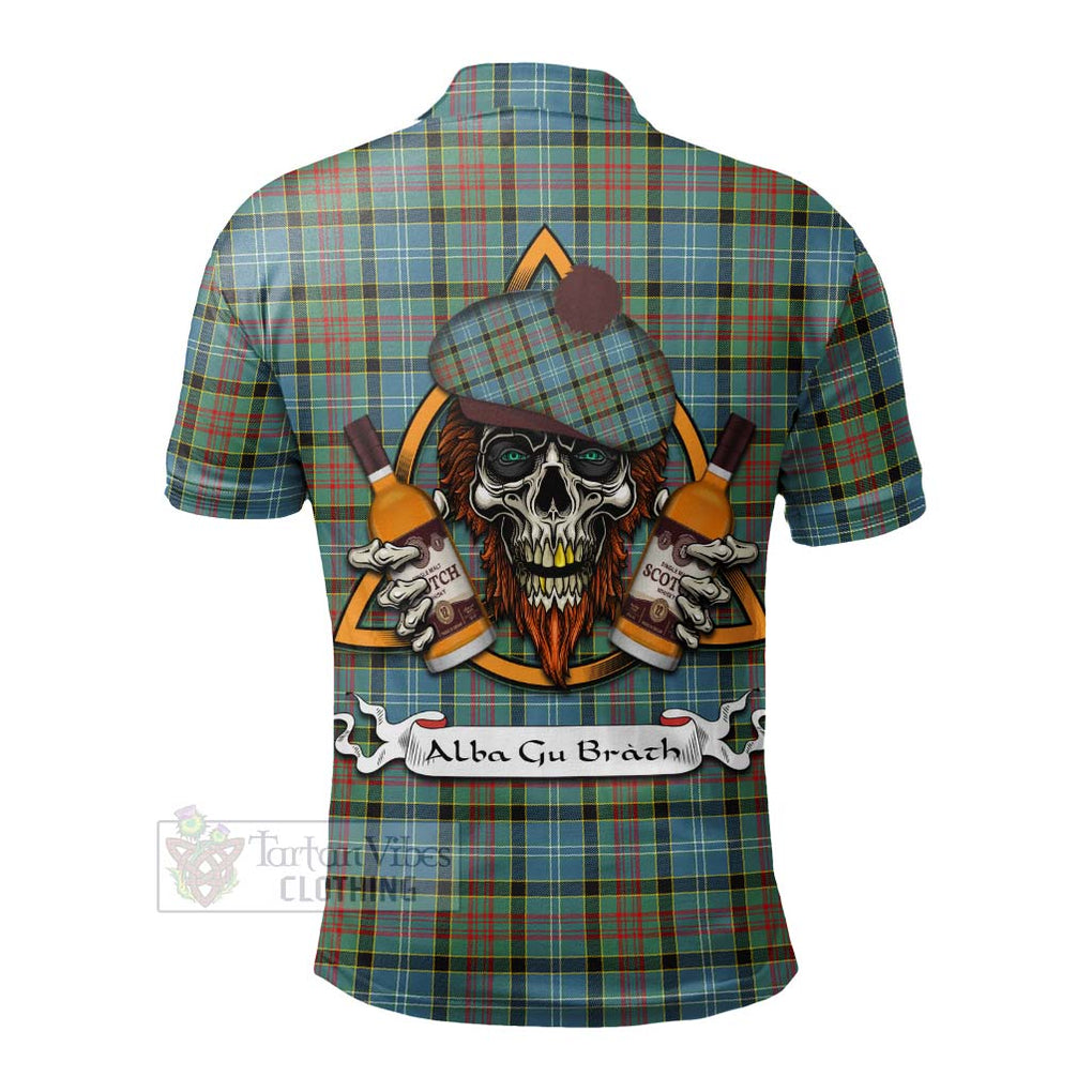 Tartan Vibes Clothing Paisley Tartan Polo Shirt with Family Crest and Bearded Skull Holding Bottles of Whiskey