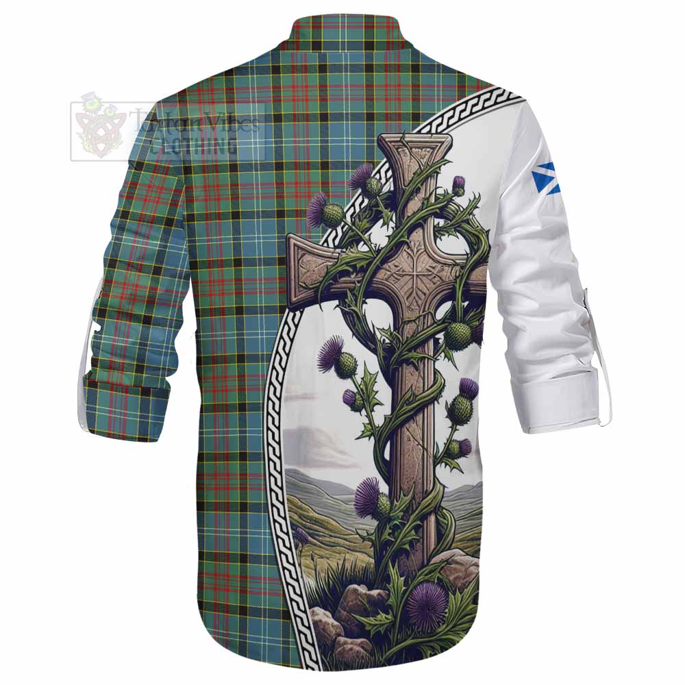 Tartan Vibes Clothing Paisley Tartan Ghillie Kilt Shirt with Family Crest and St. Andrew's Cross Accented by Thistle Vines