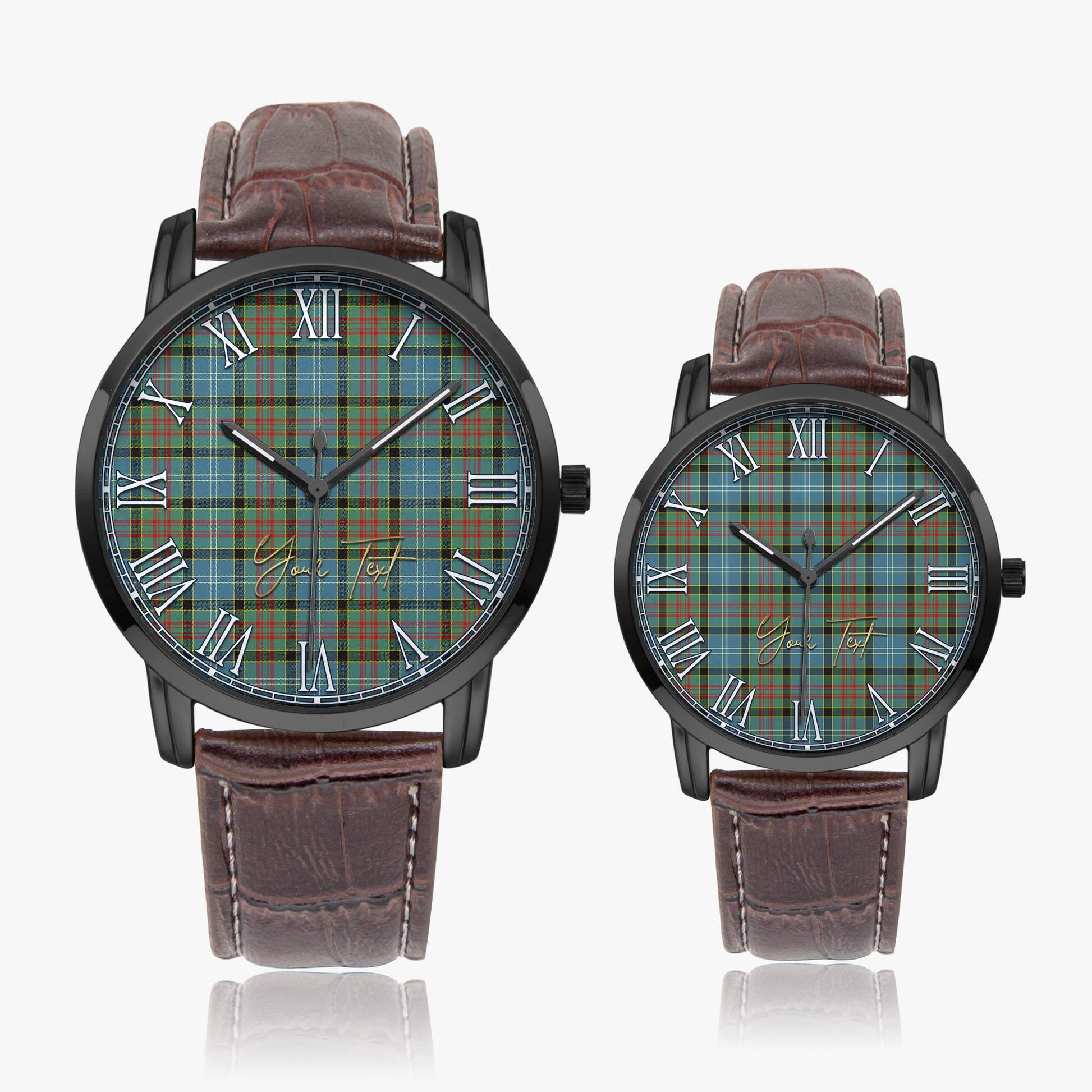 Paisley Tartan Personalized Your Text Leather Trap Quartz Watch Wide Type Black Case With Brown Leather Strap - Tartanvibesclothing