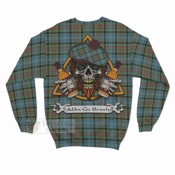 Paisley Tartan Sweatshirt with Family Crest and Bearded Skull Holding Bottles of Whiskey