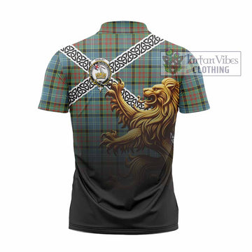 Paisley Crest Tartan Zipper Polo Shirt with Golden Lion Emblem Celtic Style