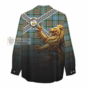 Paisley Crest Tartan Women's Casual Shirt with Golden Lion Emblem Celtic Style